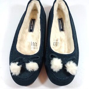 Lands End Womens Size 7 Moccasin Slippers Navy Blue Suede Pom Pom House Shoes